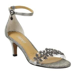 J.Renee Hartleigh ankle strap heeled sandal pewter silver glitter rhinestone 9 N